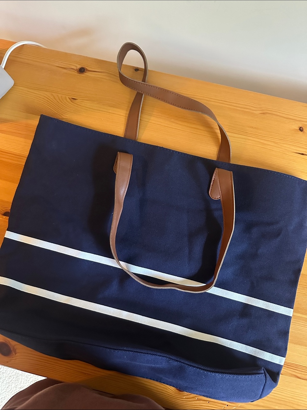 White House Black Market Navy Tote with White Stripes and Brown Handles